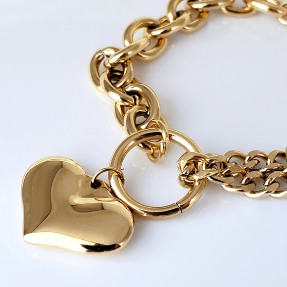 NEW 18k Gold Plated Asymmetric Layered Curb & Link Chain Heart Charm Bracelet - Picture 5 of 8